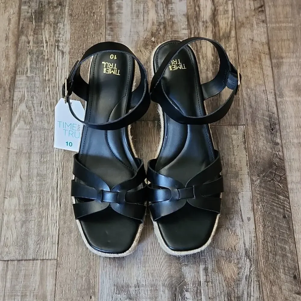 Black Wedge Womens Sandals  Size 10 Jute Platform Buckle‎ Boho Beach 3 1/2